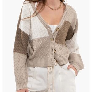Mixed Stitch Colorblock Cardigan Blu Pepper Brown Taupe White
